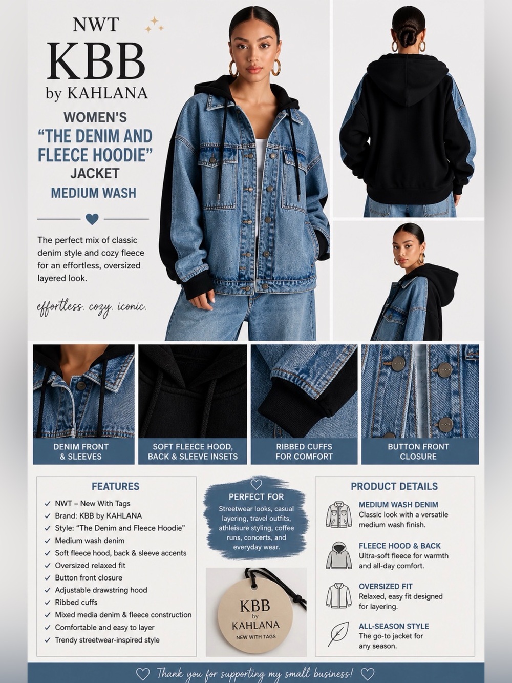 NWT KBB by KAHLANA Women’s The Denim & Fleece Hoodie Jacket Med Wash Sz L